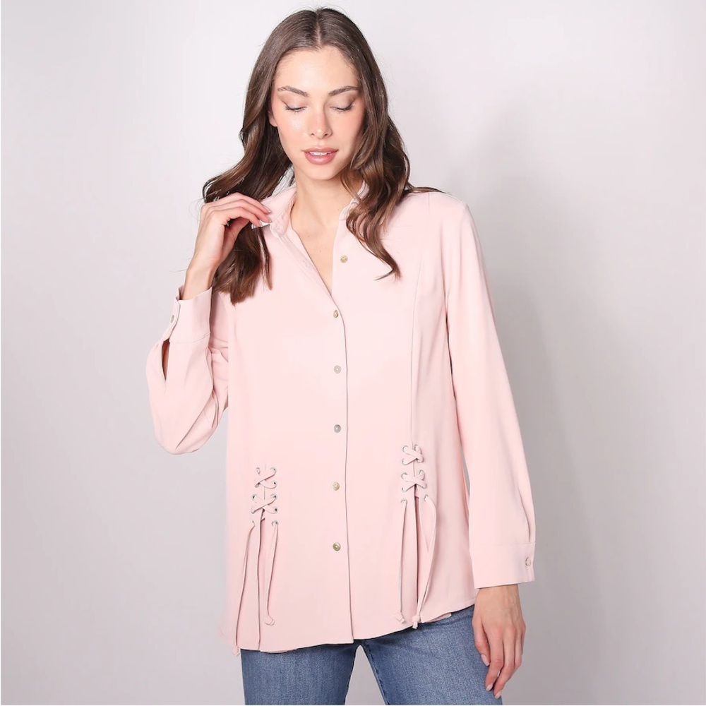 Wynne laced up detail shirt.  Pink crepe polyester. Semi fitted.